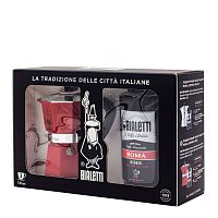 Подарочный набор гейзерная кофеварка Bialetti Moka Express Red + Caffe Roma
